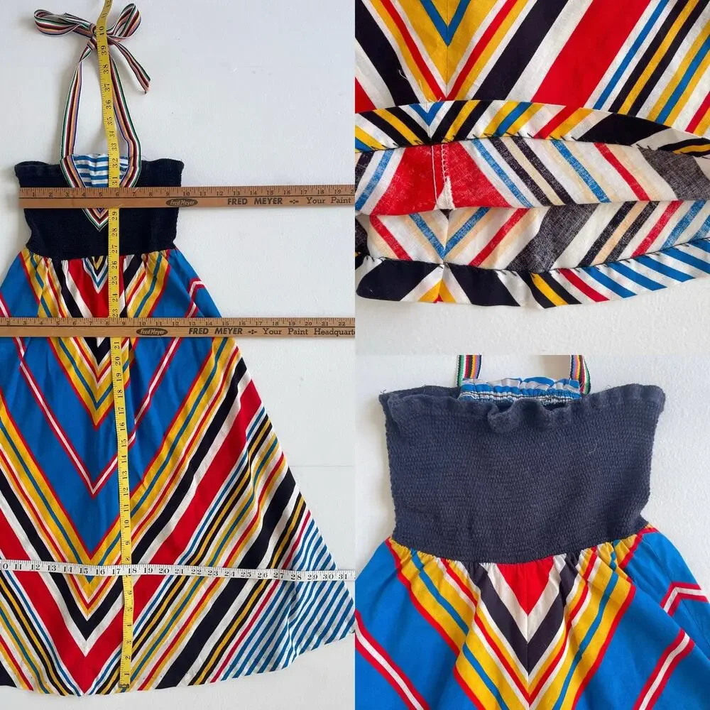 Vtg 70s Chevron Ruched Halter Sun Dress / XXS Women / Girls / Handmade Retro